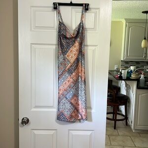 SO SIZE L patchwork style boho mini dress party dress with draped collar